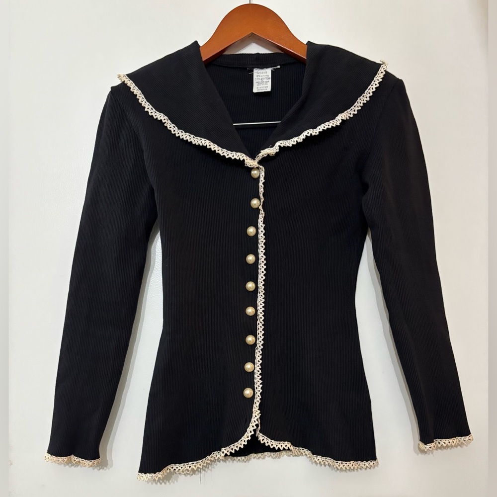 Women Black Ribbed Cotton Peter Pan Bib Collar Button Down Top Blouse Medium